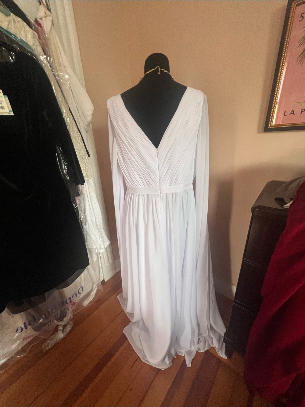 JJs House White Chiffon V-Neck Maxi Gown with Draped Cape Sleeves - Picture 4 of 7
